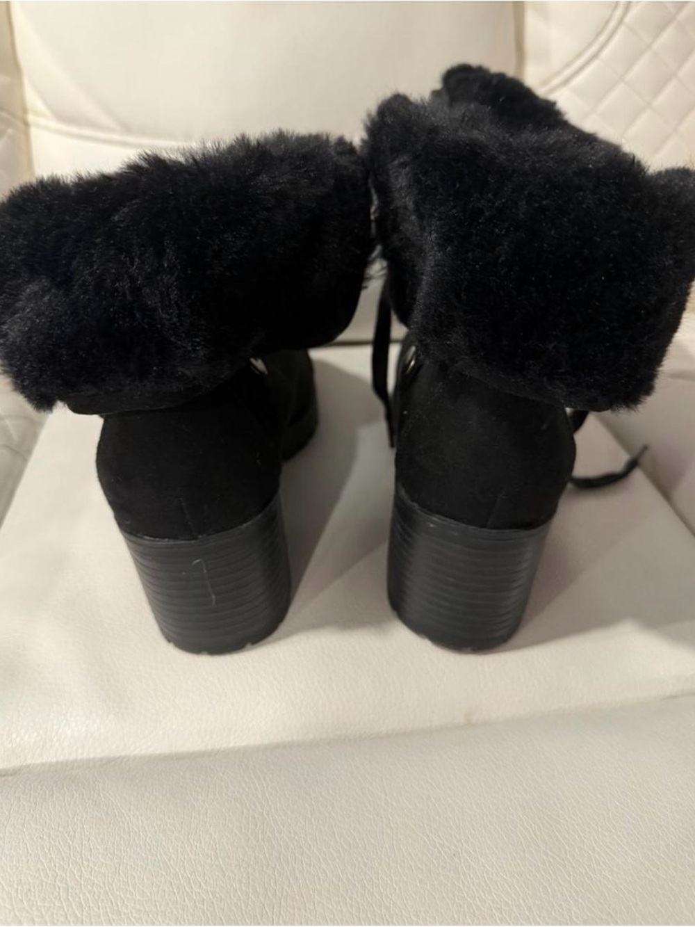 Black Faux-Fur Cuff Block Heel Ankle Boots